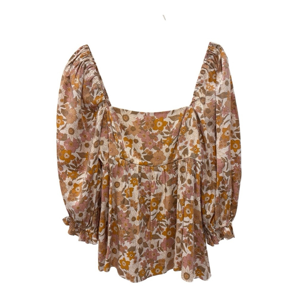 Judith March Top L Floral Metallic Blouse‎ Square Neck Puff Sleeve Cottagecore